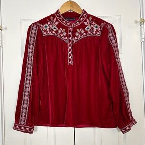 Zara Red Velvet Embroidered Top S 70’s Romantic Hippie Bohemian Royalcore